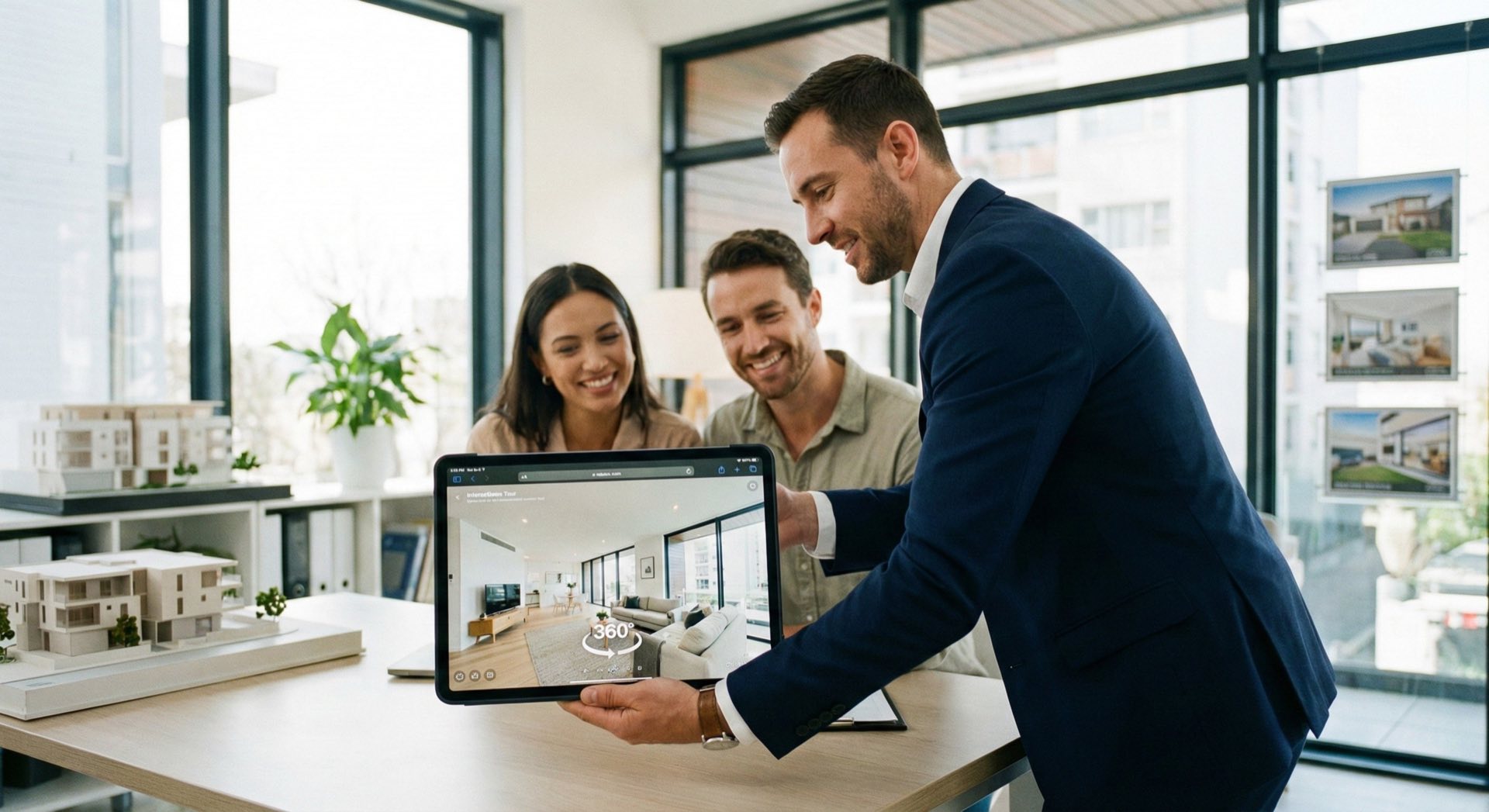 Professionelles Makler-Meeting mit digitalen Immobilienpräsentationen