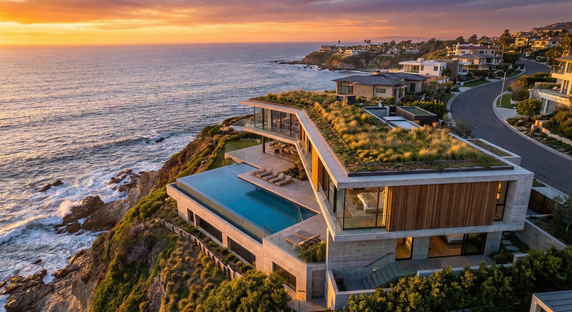 Cinematic Drohnenaufnahme einer Villa bei Sonnenuntergang